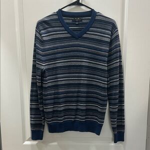 Club Room Vintage Men's Striped V-Neck Wool Blend Sweater - Blue and Gray